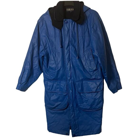 Nautica Raincoat Mens Size Medium Blue Heavyweight Lined Hood Mid Length Pockets - Picture 1 of 11